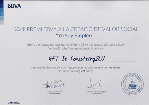 GFT recibió el premio BBVA a la Creación de Valor Social “Yo Soy Empleo”, el 3 de noviembre